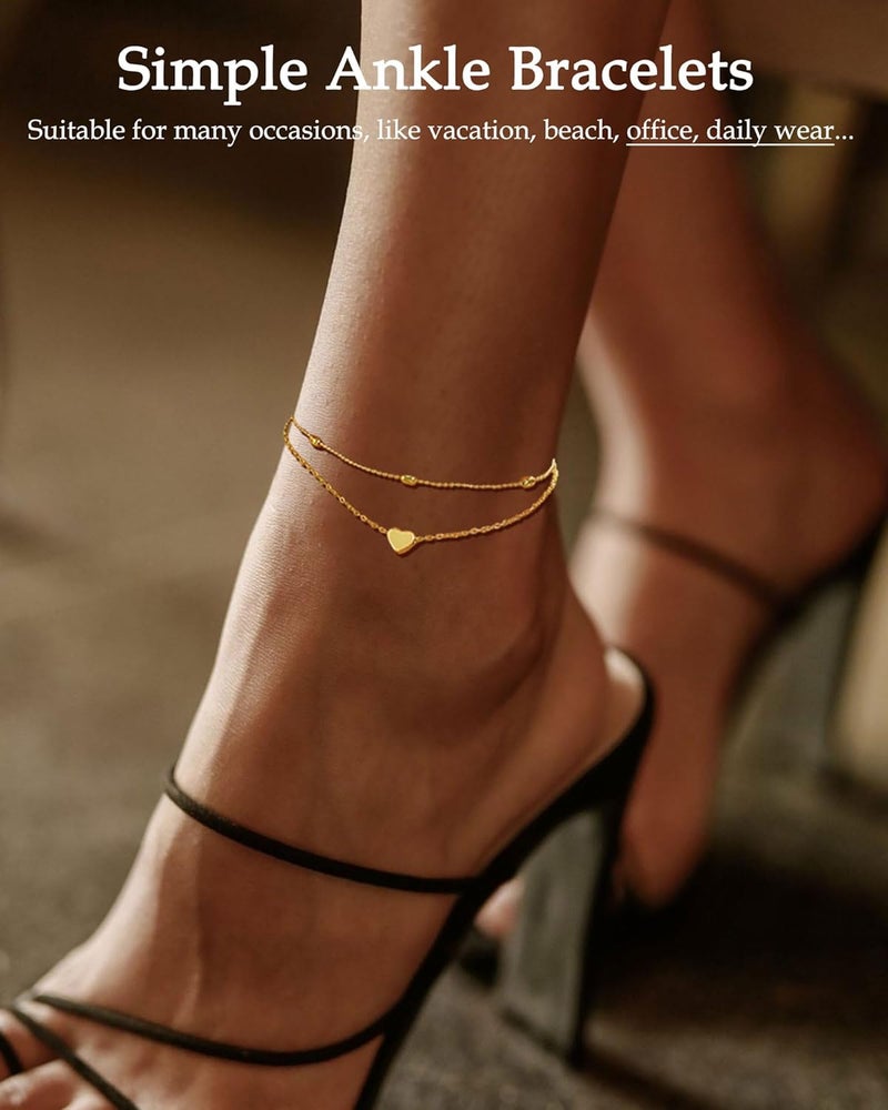FUNEIA Gold Silver Ankle Bracelets for Women Waterproof 14K Gold Plated Anklets for Women Non Tarnish Dainty Layered Beaded Heart Anklet Set Summer Beach Foot Chain Jewelry Gifts Trendy Stuff - Image 4